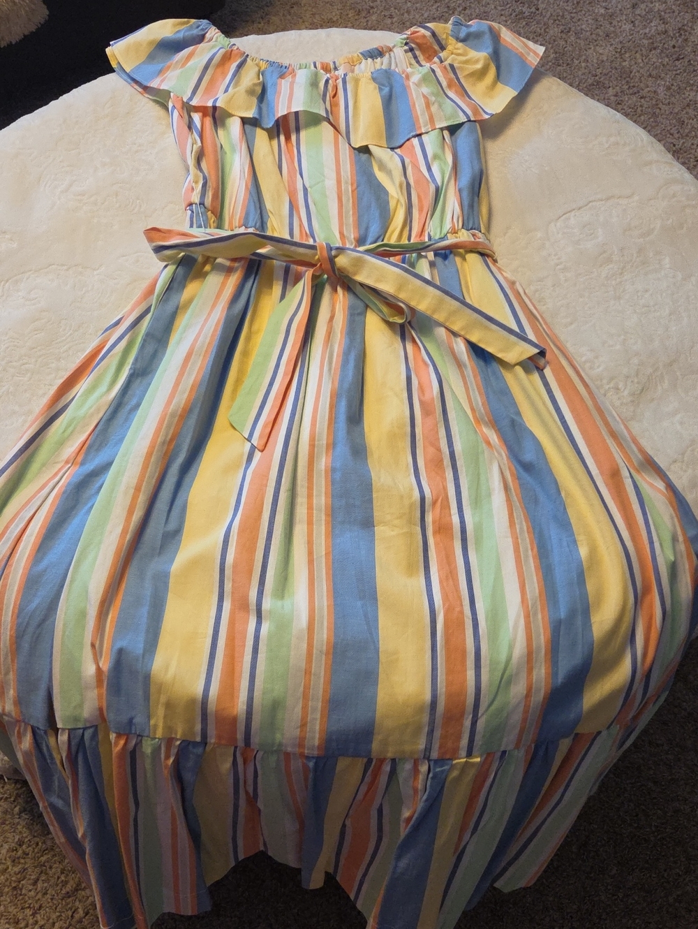Women's Multicolor Stripe Ruffle Dress with Tie Belt